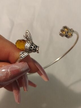 Silver Bee Cuff Bracelet with Amber Crystal Accent - Women's Jewelry